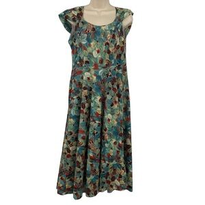Susongeth Dress Womens XL Blue‎ Green Floral Cold Shoulder Midi Abstract Leaf